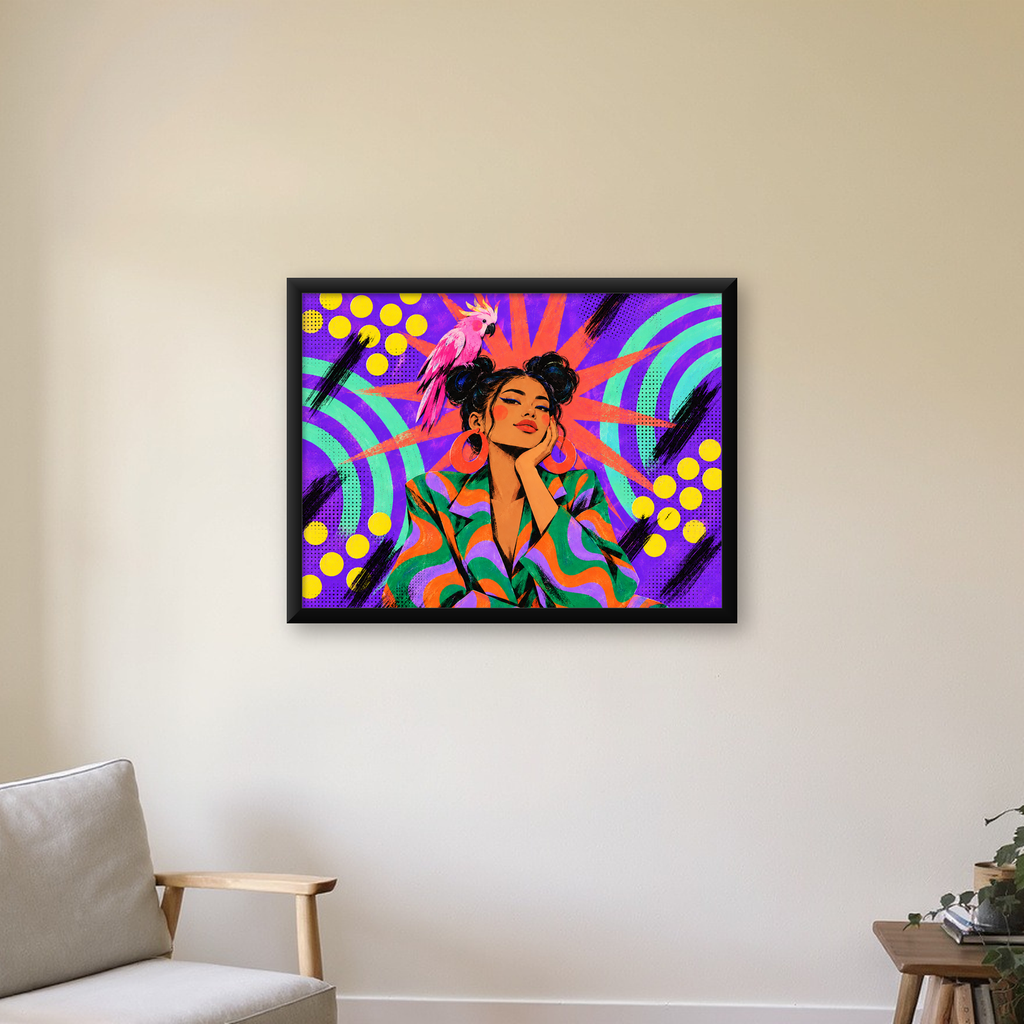 Renkli Pop Art Portre & Papağan Poster – Canlı Modern Sanat — Yatay baskı, çerçeveli hâliyle bir ev duvarında