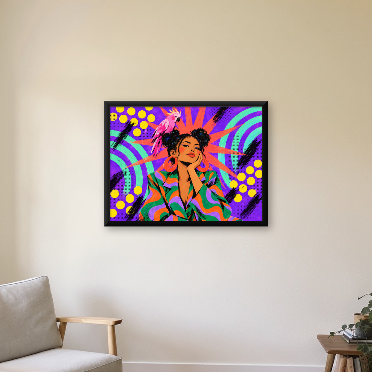 Renkli Pop Art Portre & Papağan Poster – Canlı Modern Sanat — Yatay baskı, çerçeveli hâliyle bir ev duvarında