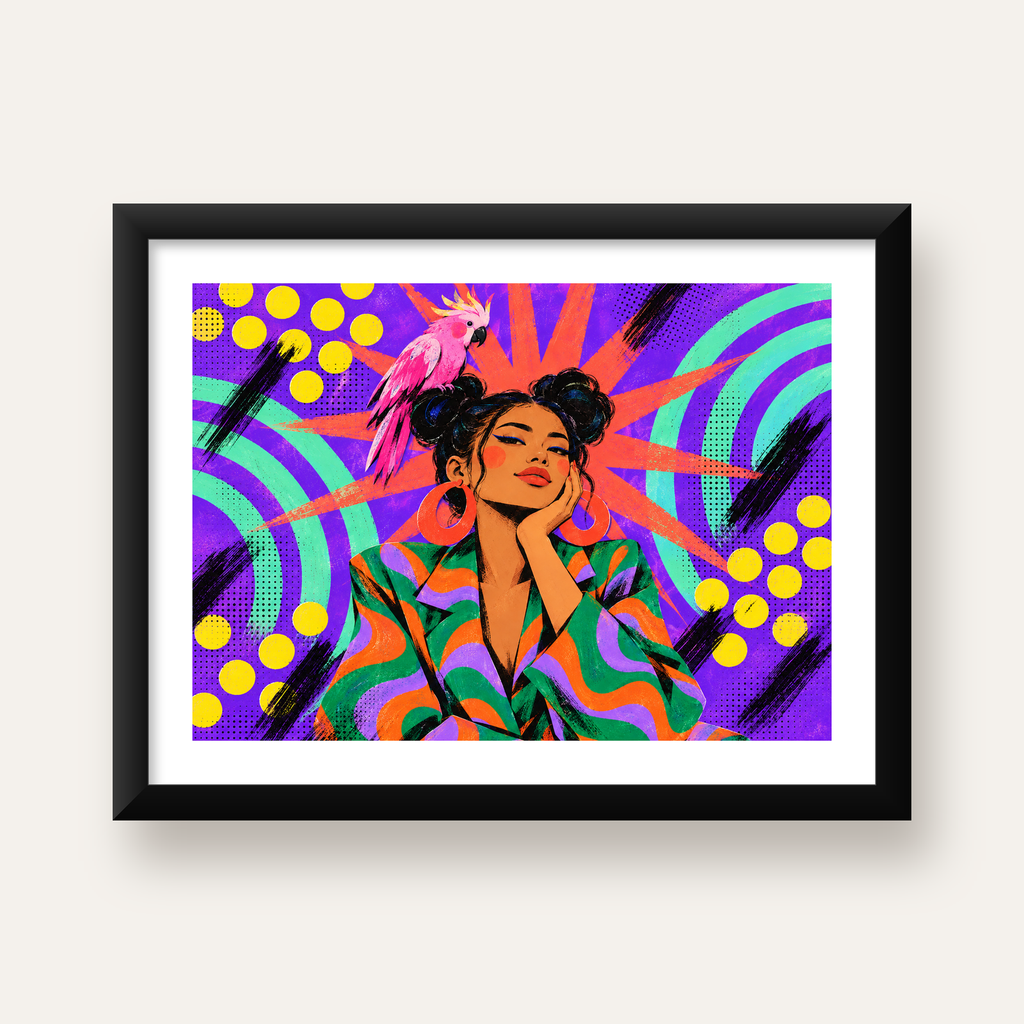 Renkli Pop Art Portre & Papağan Poster – Canlı Modern Sanat — Yatay baskı, beyaz paspartulu