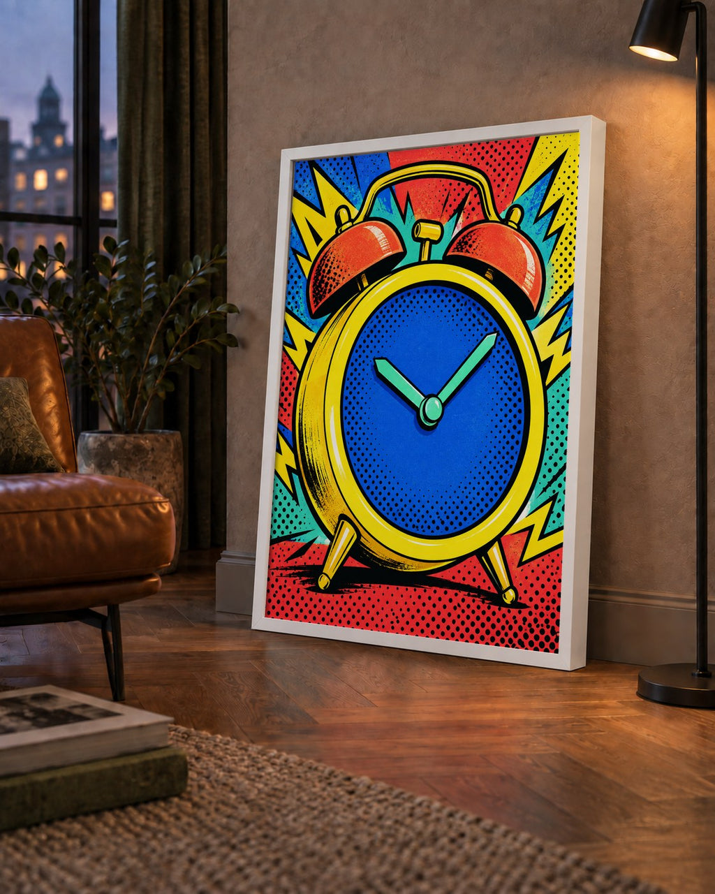 Pop Art Çalar Saat Poster – Renkli Duvar Dekoru — çerçeveli hâliyle bir ev duvarında