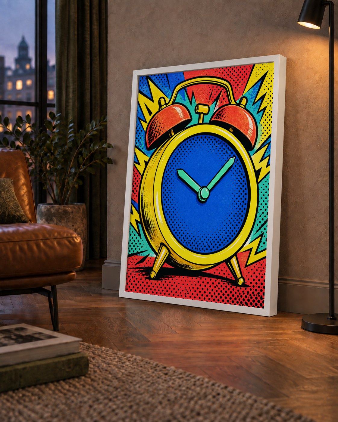 Pop Art Çalar Saat Poster – Renkli Duvar Dekoru — çerçeveli hâliyle bir ev duvarında