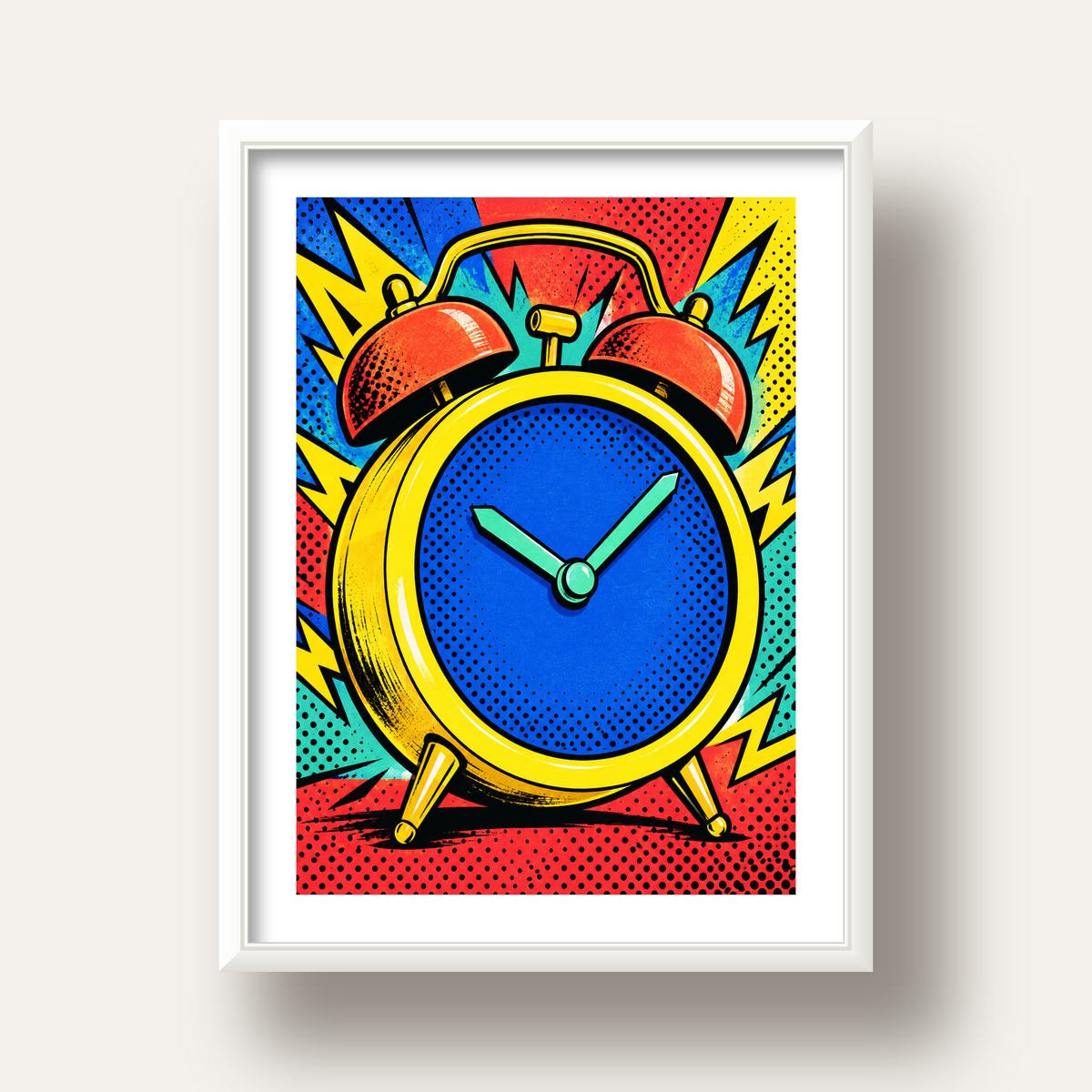 Pop Art Çalar Saat Poster – Renkli Duvar Dekoru — beyaz derin çerçeveli paspartulu