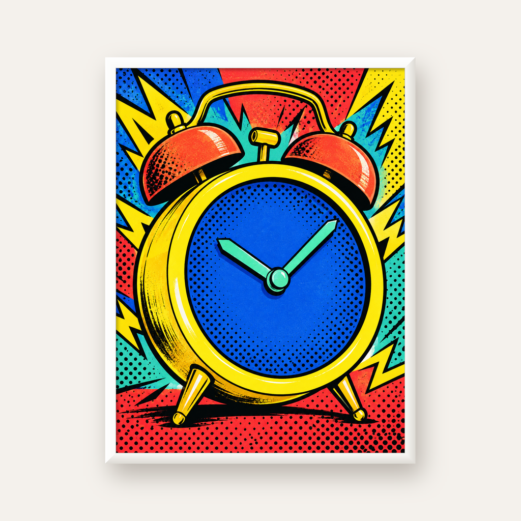 Pop Art Çalar Saat Poster – Renkli Duvar Dekoru — beyaz çerçeveli dikey poster
