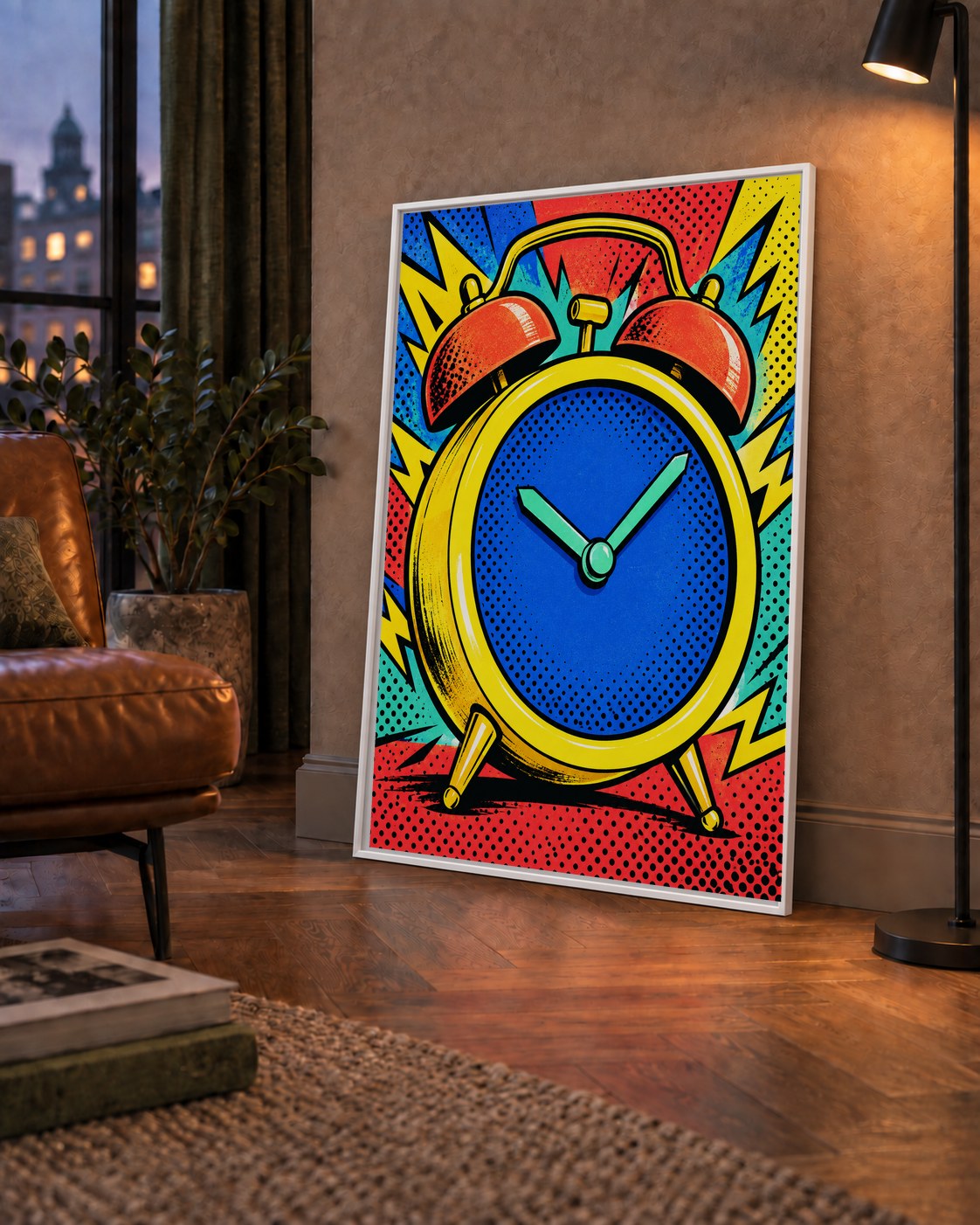 Pop Art Çalar Saat Poster – Renkli Duvar Dekoru — çerçeveli hâliyle bir ev duvarında