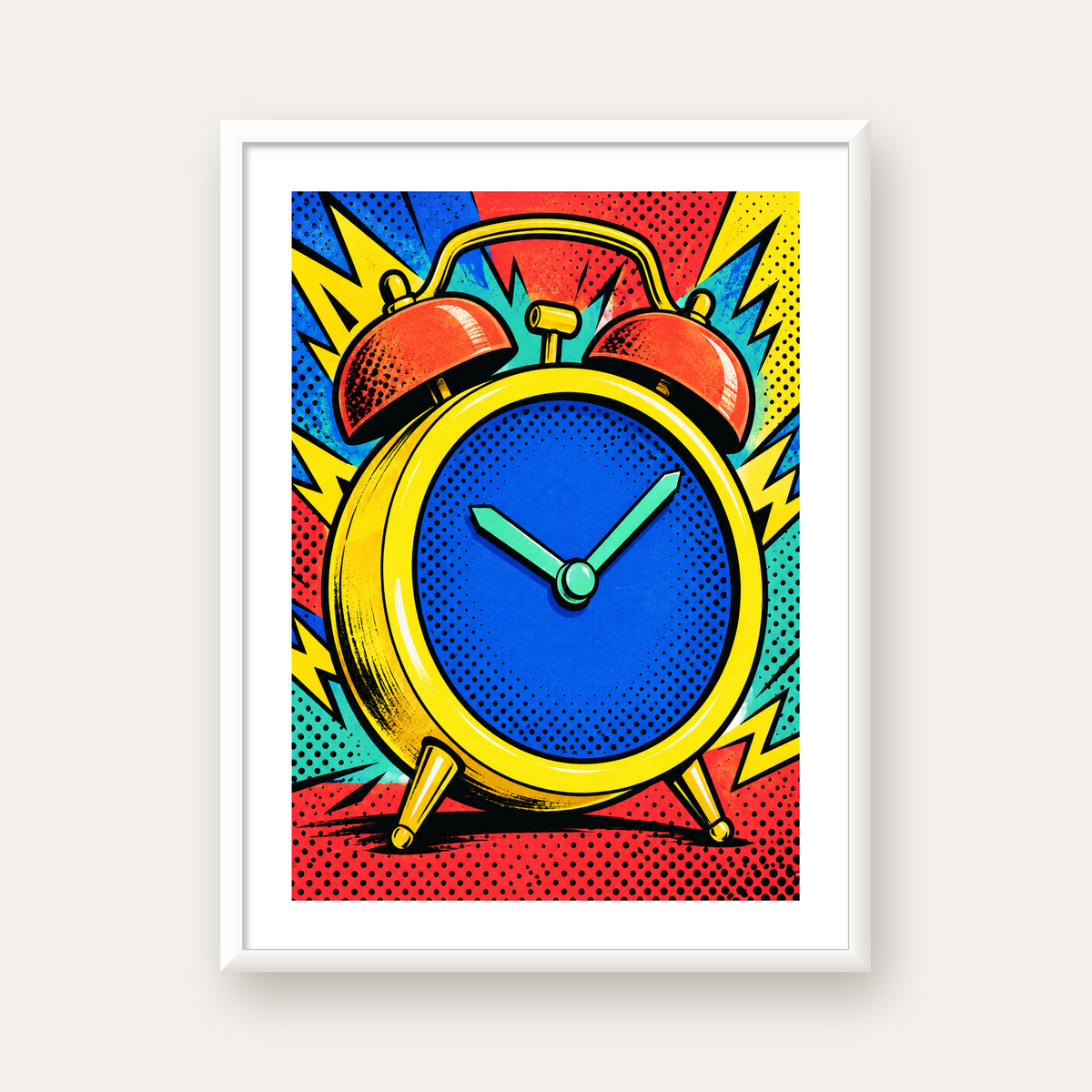 Pop Art Çalar Saat Poster – Renkli Duvar Dekoru — beyaz çerçeveli dikey poster