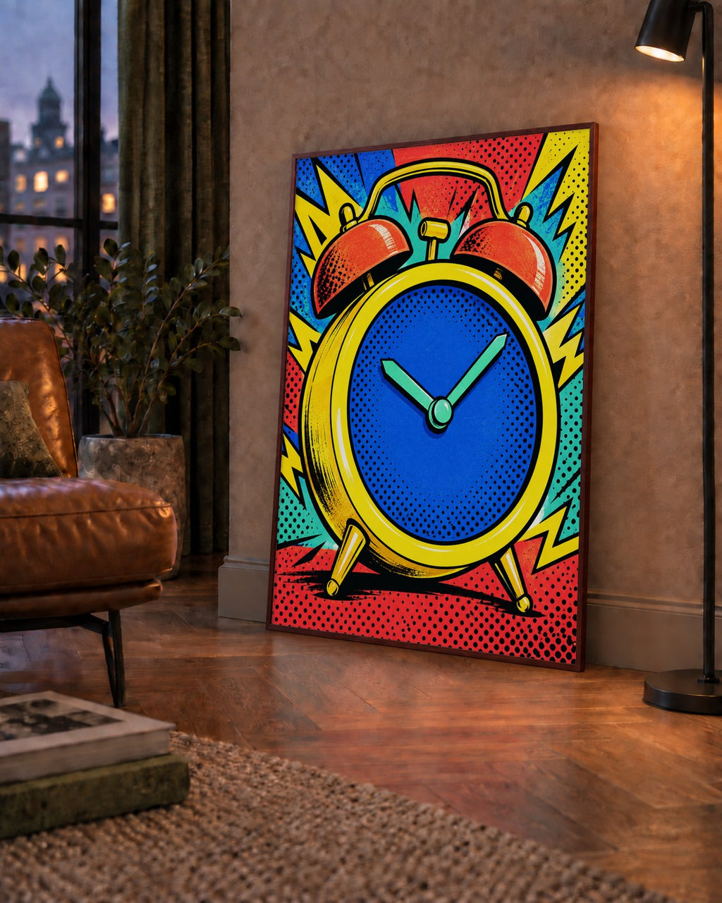 Pop Art Çalar Saat Poster – Renkli Duvar Dekoru — çerçeveli hâliyle bir ev duvarında