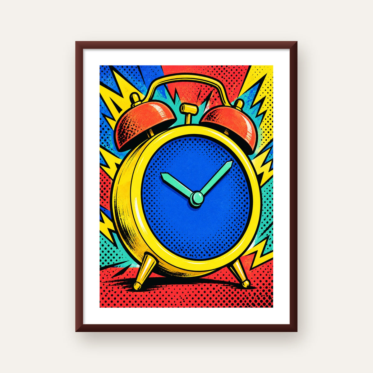 Pop Art Çalar Saat Poster – Renkli Duvar Dekoru — ceviz çerçeveli paspartulu