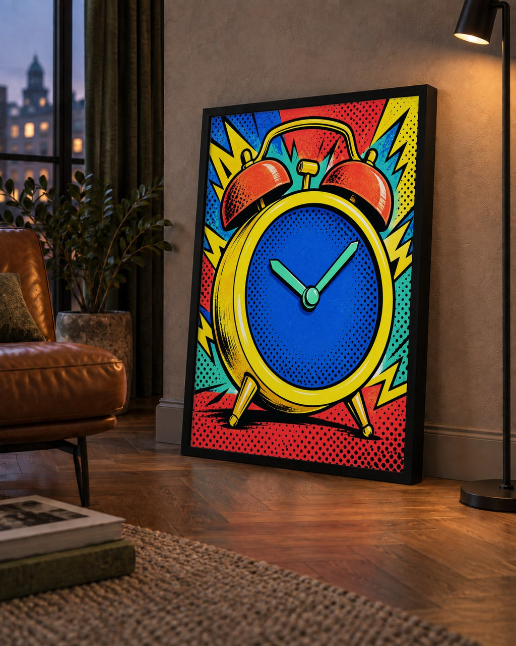 Pop Art Çalar Saat Poster – Renkli Duvar Dekoru — çerçeveli hâliyle bir ev duvarında