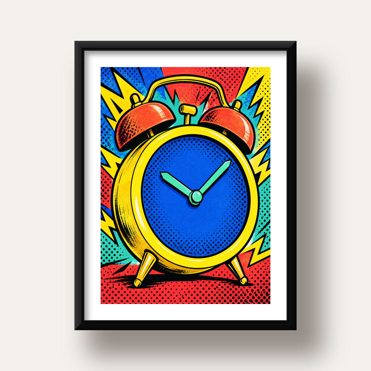 Pop Art Çalar Saat Poster – Renkli Duvar Dekoru — siyah derin çerçeveli paspartulu