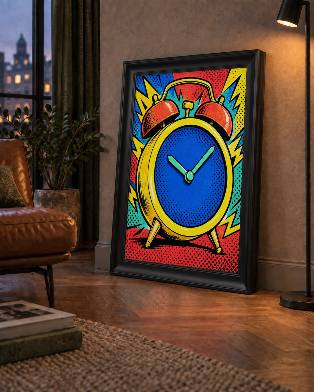 Pop Art Çalar Saat Poster – Renkli Duvar Dekoru — çerçeveli hâliyle bir ev duvarında