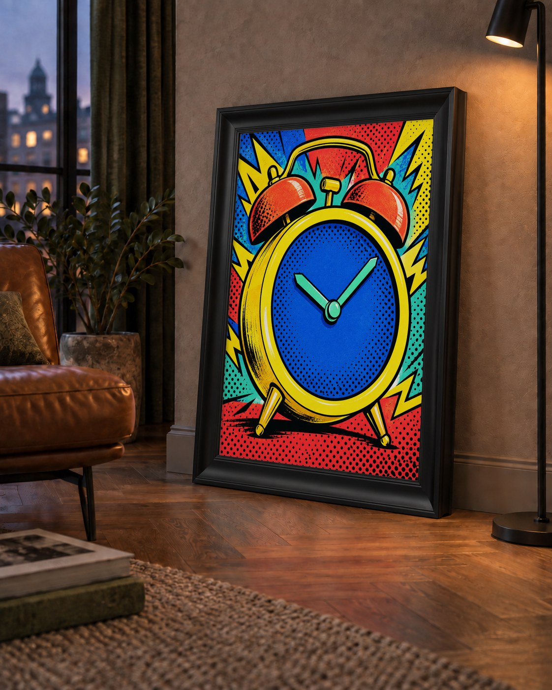 Pop Art Çalar Saat Poster – Renkli Duvar Dekoru — çerçeveli hâliyle bir ev duvarında