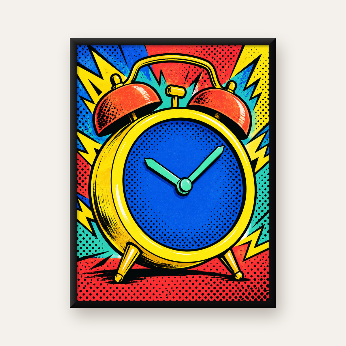 Pop Art Çalar Saat Poster – Renkli Duvar Dekoru — Dikey baskı, düz siyah çerçeveli duvar posteri