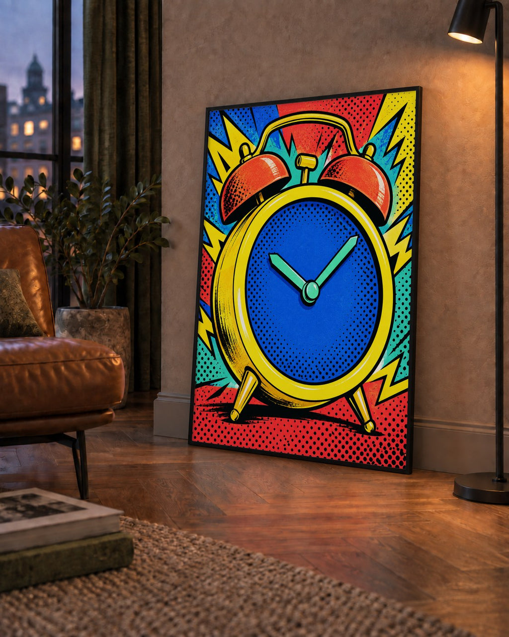 Pop Art Çalar Saat Poster – Renkli Duvar Dekoru — çerçeveli hâliyle bir ev duvarında