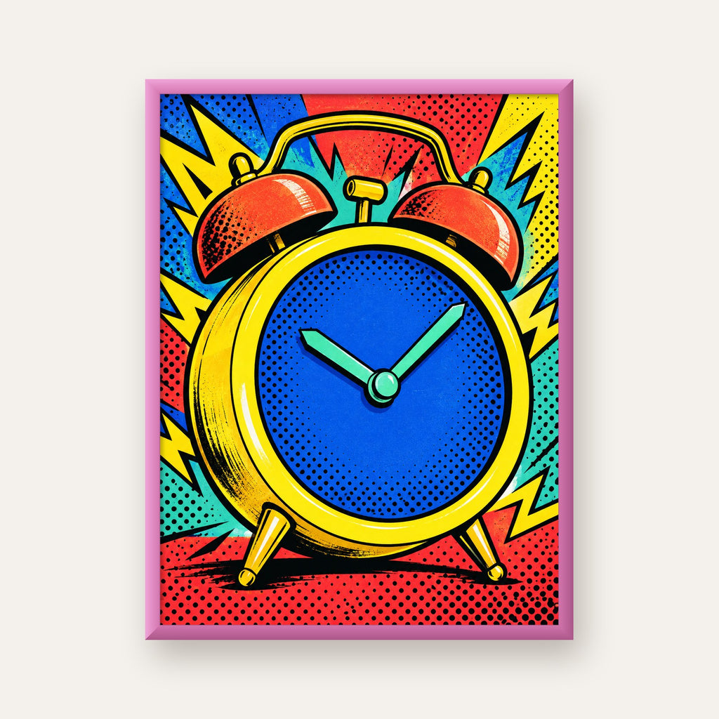Pop Art Çalar Saat Poster – Renkli Duvar Dekoru — pembe çerçeveli