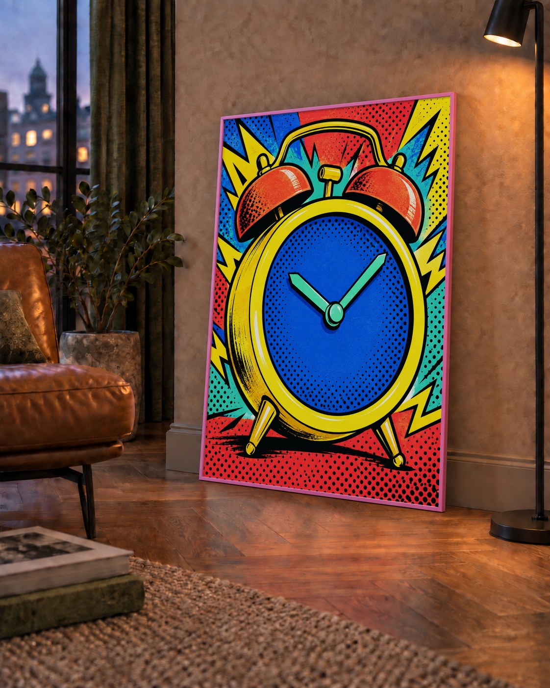 Pop Art Çalar Saat Poster – Renkli Duvar Dekoru — çerçeveli hâliyle bir ev duvarında
