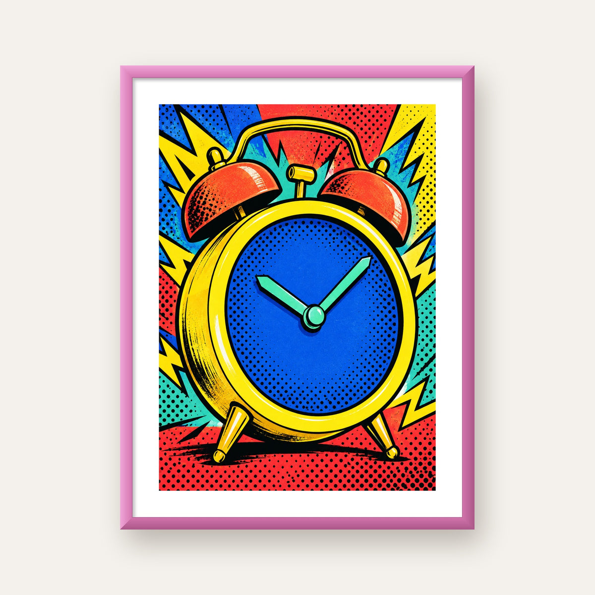 Pop Art Çalar Saat Poster – Renkli Duvar Dekoru — pembe çerçeveli paspartulu