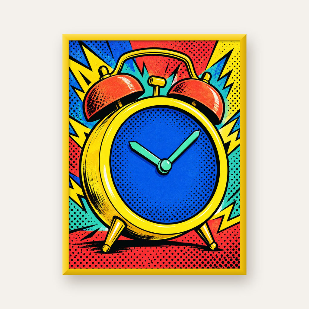 Pop Art Çalar Saat Poster – Renkli Duvar Dekoru — sarı çerçeveli