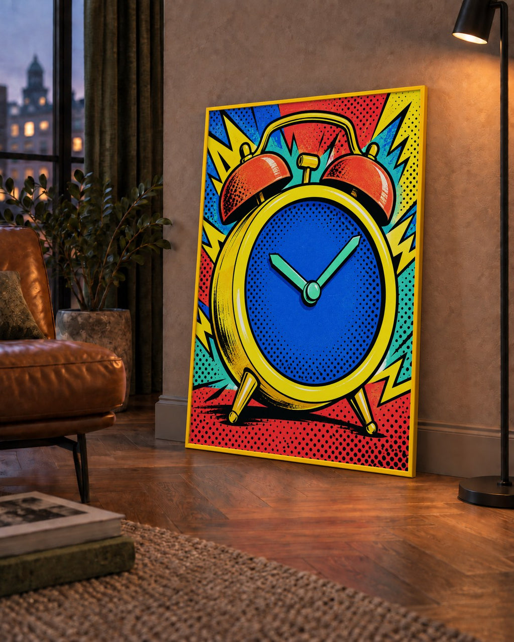 Pop Art Çalar Saat Poster – Renkli Duvar Dekoru — çerçeveli hâliyle bir ev duvarında