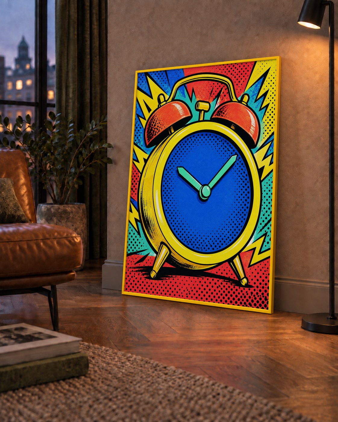 Pop Art Çalar Saat Poster – Renkli Duvar Dekoru — çerçeveli hâliyle bir ev duvarında