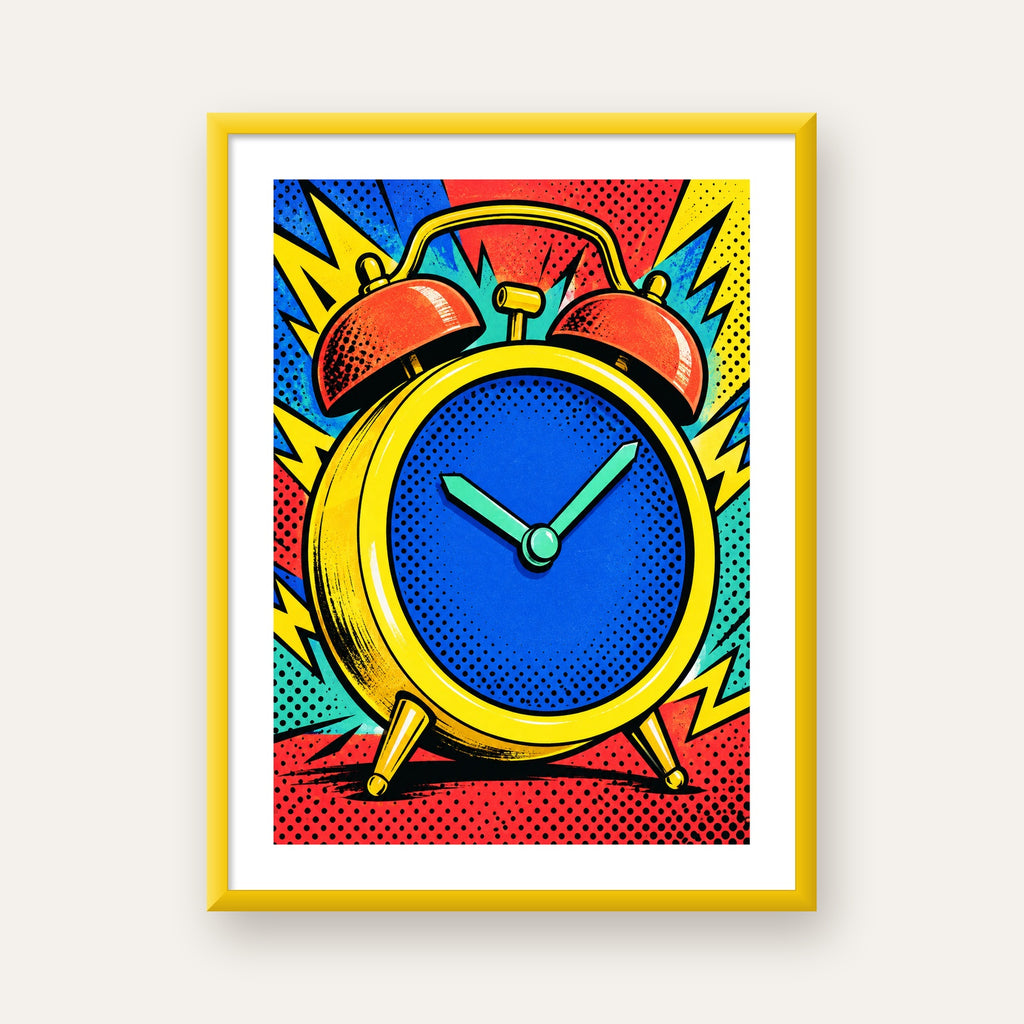 Pop Art Çalar Saat Poster – Renkli Duvar Dekoru — sarı çerçeveli paspartulu