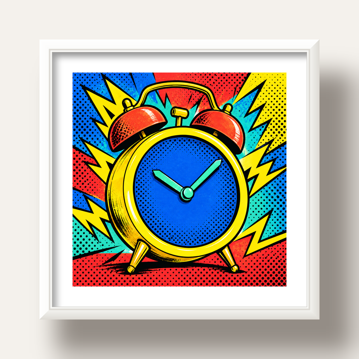 Pop Art Çalar Saat Poster – Renkli Duvar Dekoru — beyaz derin çerçeveli paspartulu