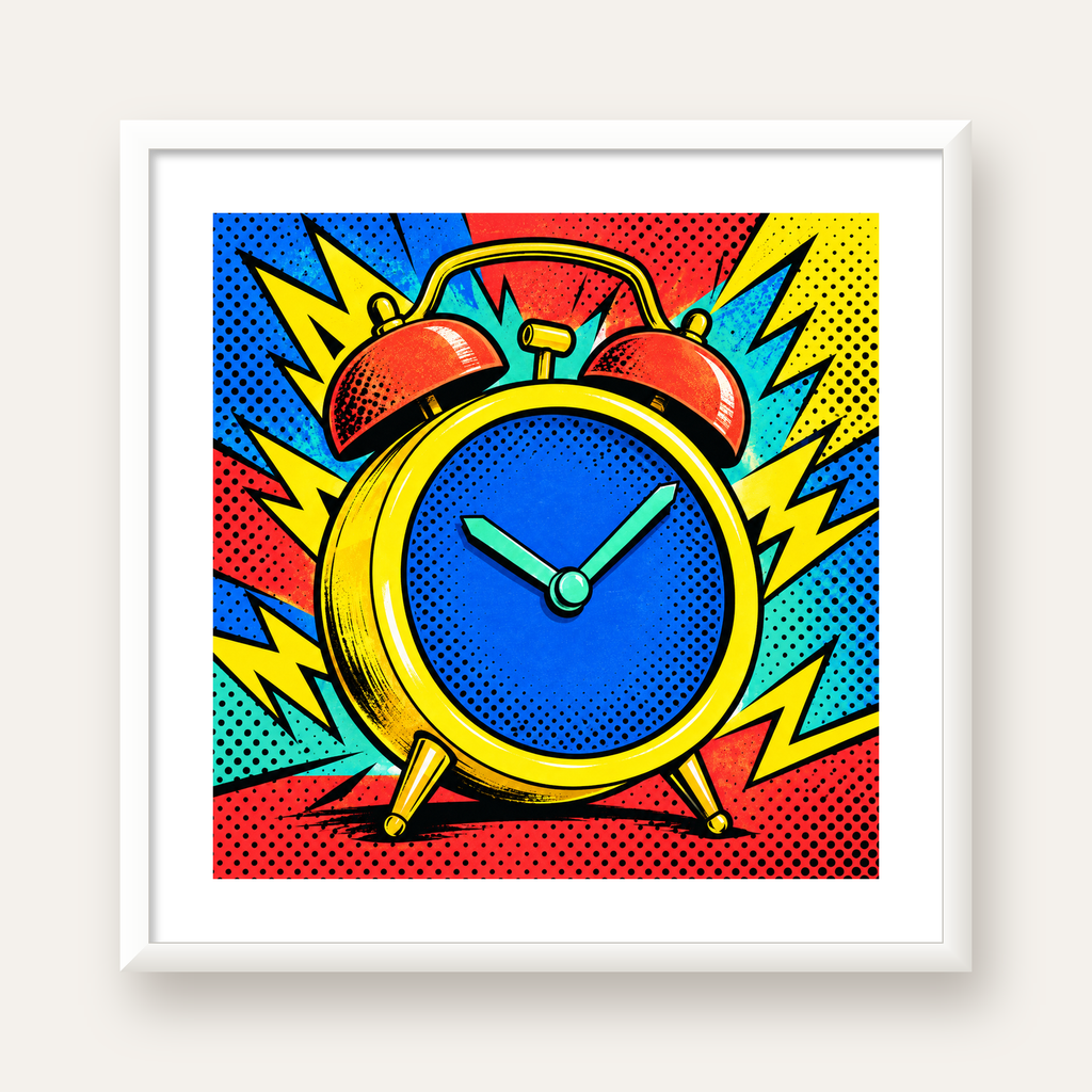 Pop Art Çalar Saat Poster – Renkli Duvar Dekoru — beyaz çerçeveli kare poster