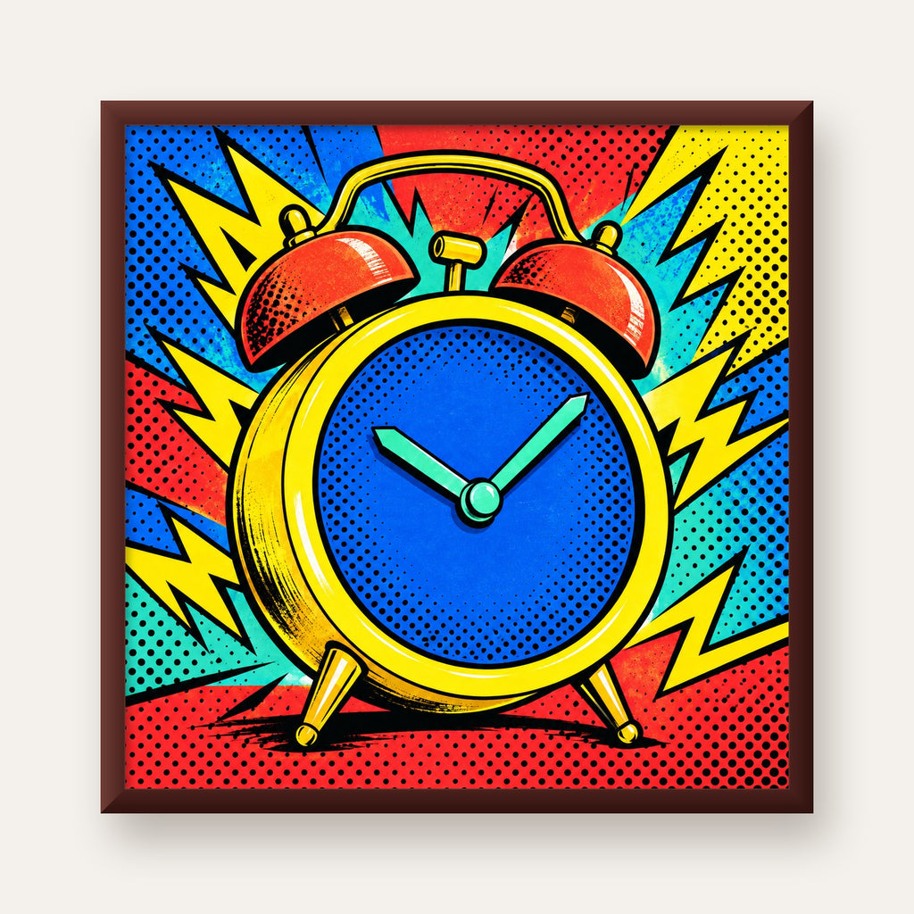 Pop Art Çalar Saat Poster – Renkli Duvar Dekoru — ceviz çerçeveli