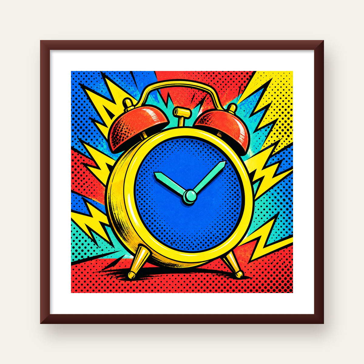 Pop Art Çalar Saat Poster – Renkli Duvar Dekoru — ceviz çerçeveli paspartulu