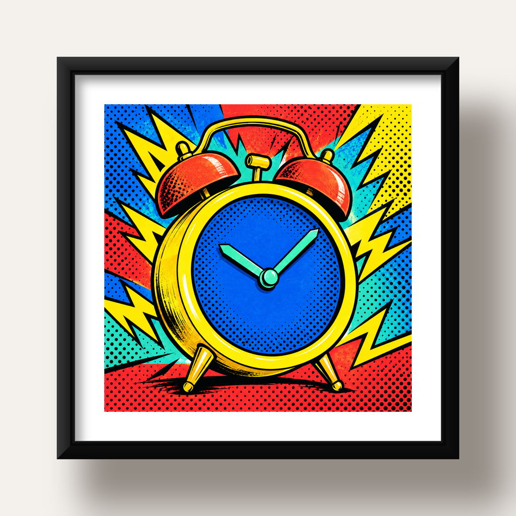 Pop Art Çalar Saat Poster – Renkli Duvar Dekoru — siyah derin çerçeveli paspartulu