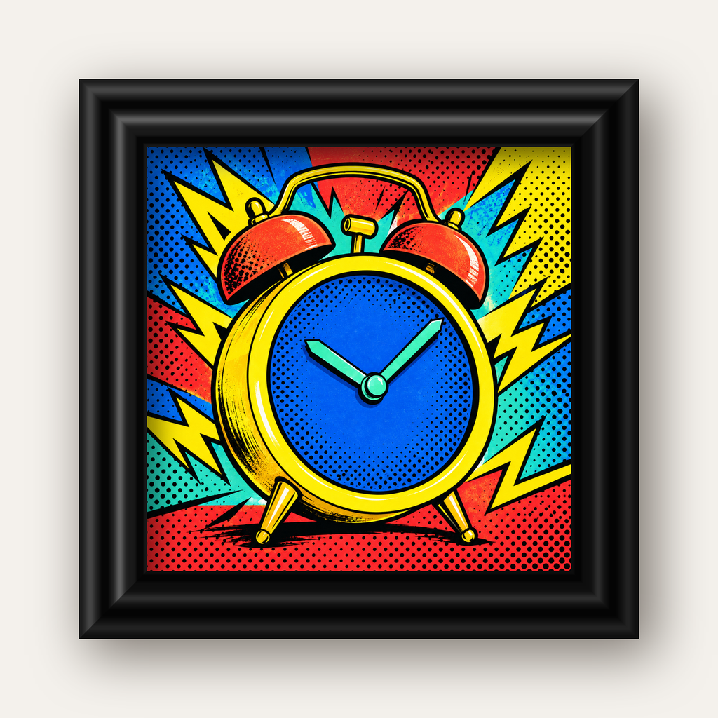 Pop Art Çalar Saat Poster – Renkli Duvar Dekoru — siyah galeri çerçeveli