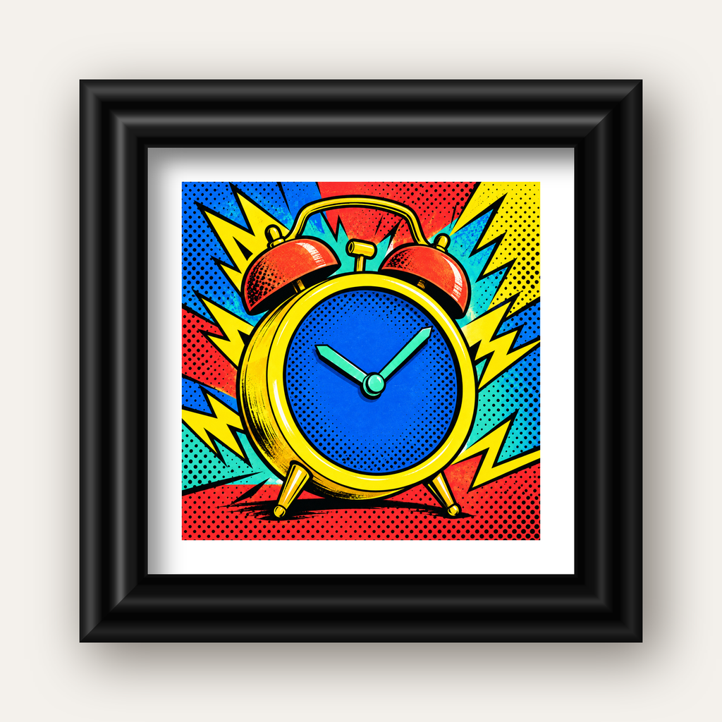 Pop Art Çalar Saat Poster – Renkli Duvar Dekoru — siyah galeri çerçeveli paspartulu