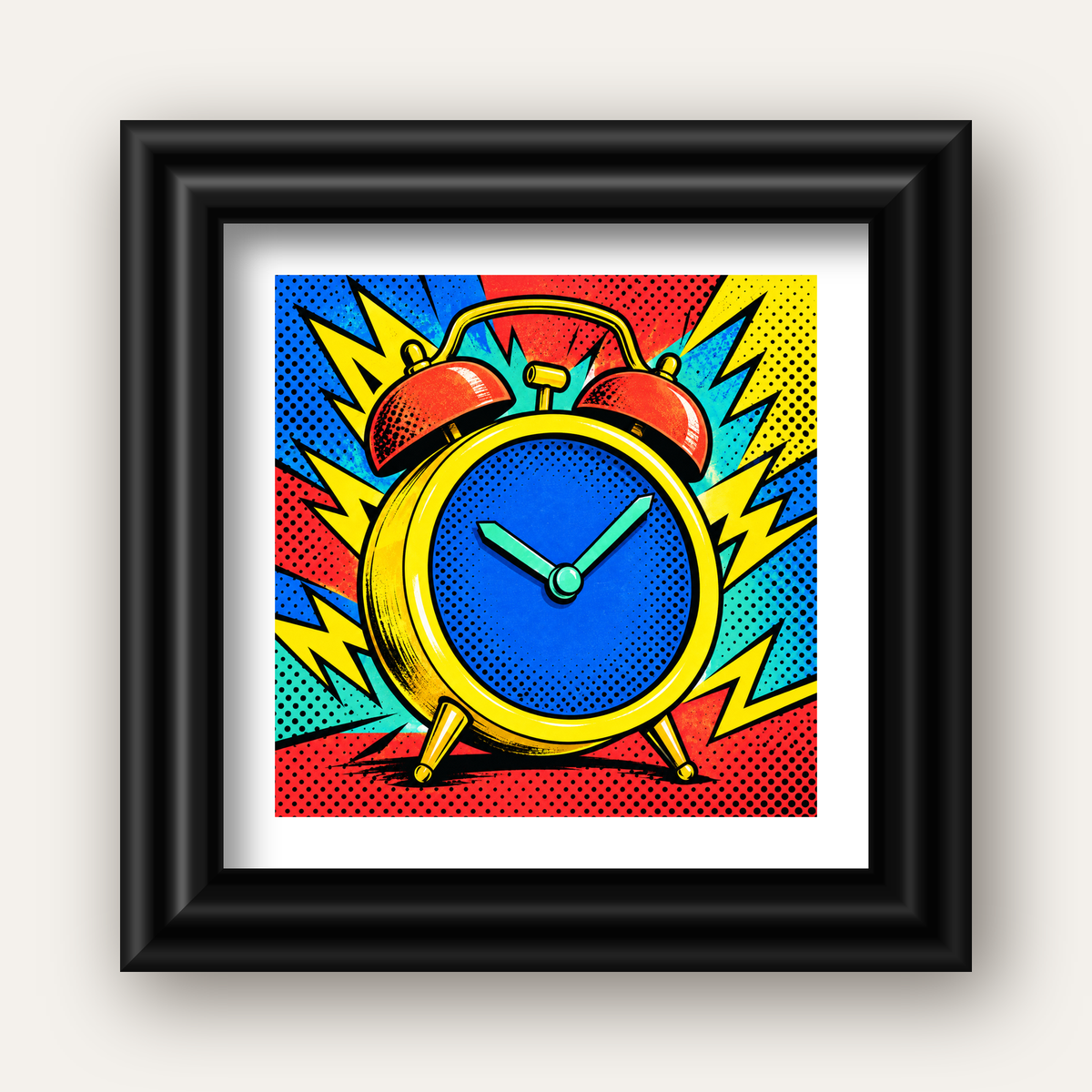 Pop Art Çalar Saat Poster – Renkli Duvar Dekoru — siyah galeri çerçeveli paspartulu
