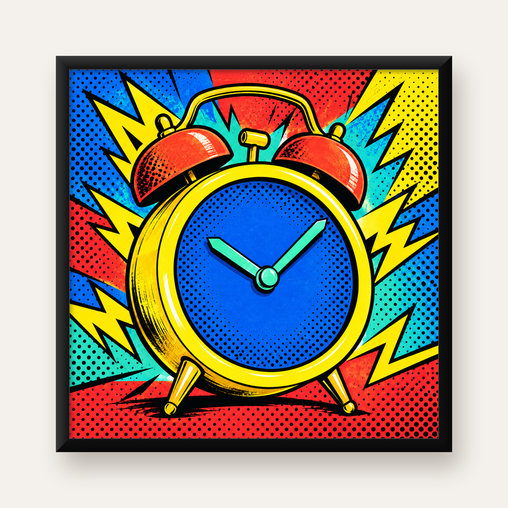 Pop Art Çalar Saat Poster – Renkli Duvar Dekoru — Kare baskı, düz siyah çerçeveli duvar posteri