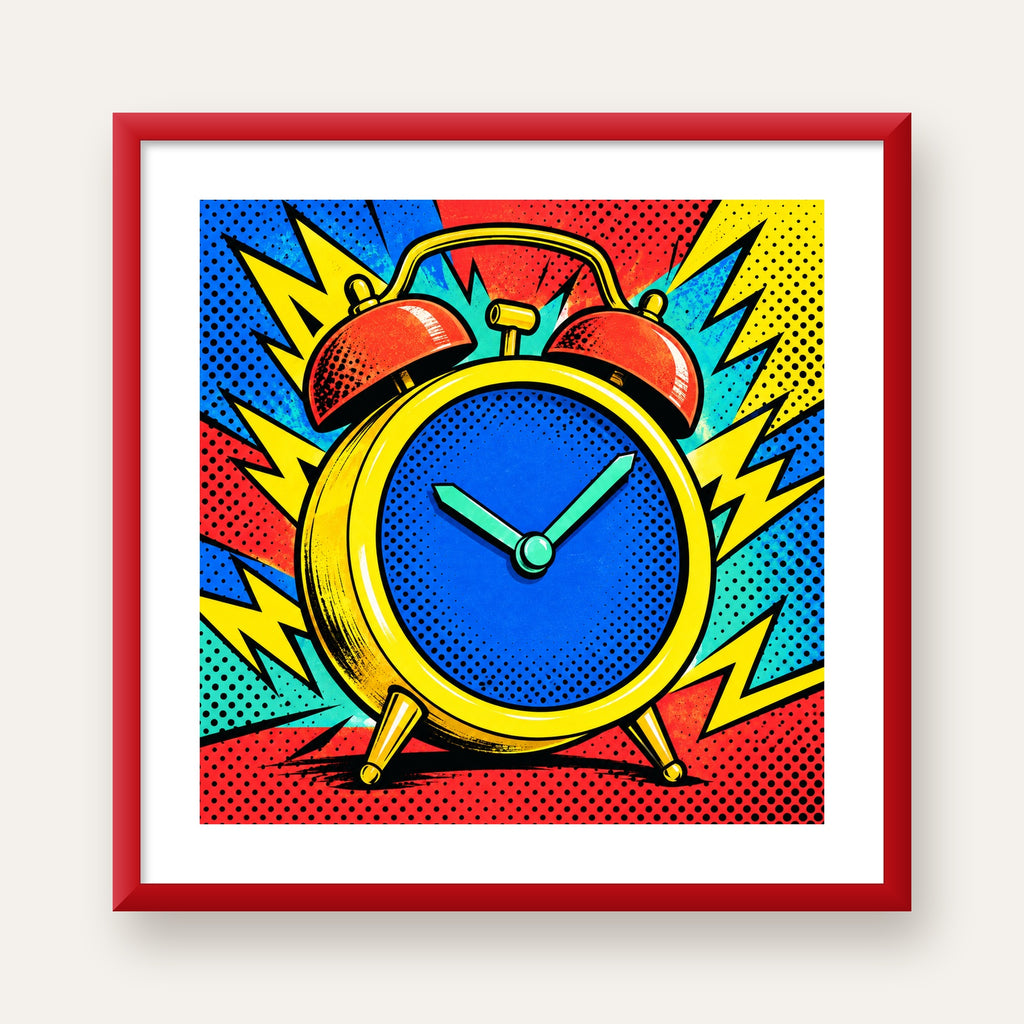 Pop Art Çalar Saat Poster – Renkli Duvar Dekoru — kırmızı çerçeveli paspartulu