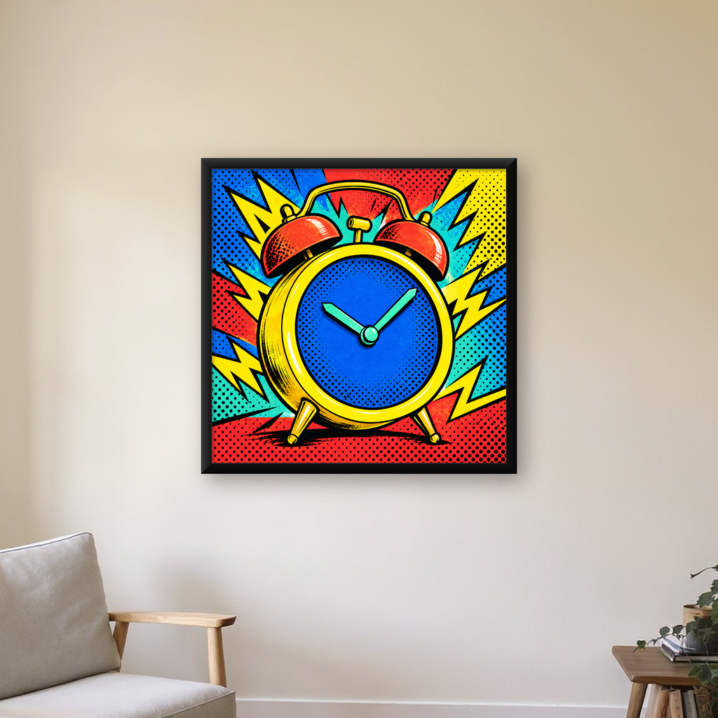 Pop Art Çalar Saat Poster – Renkli Duvar Dekoru — Kare baskı, çerçeveli hâliyle bir ev duvarında