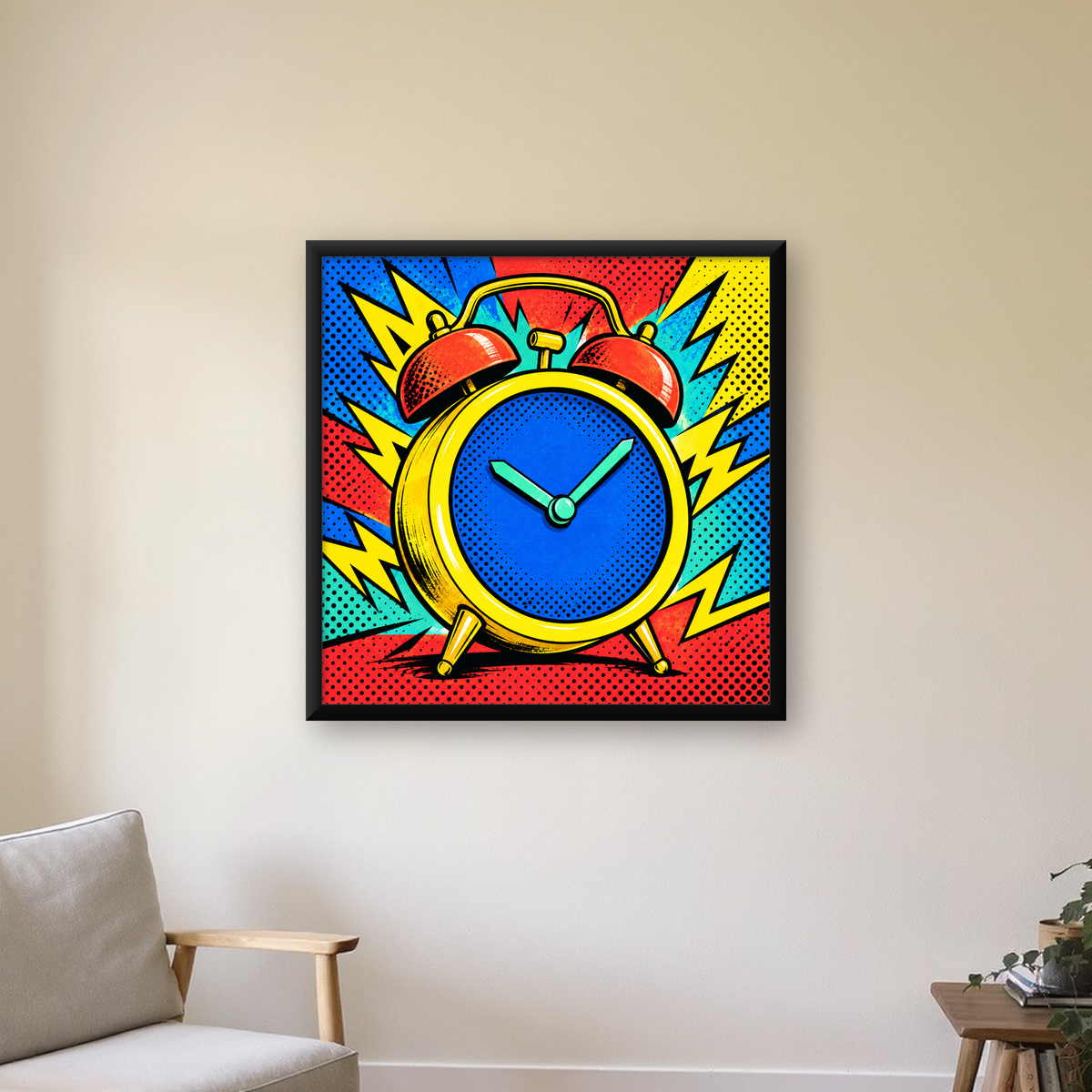 Pop Art Çalar Saat Poster – Renkli Duvar Dekoru — Kare baskı, çerçeveli hâliyle bir ev duvarında
