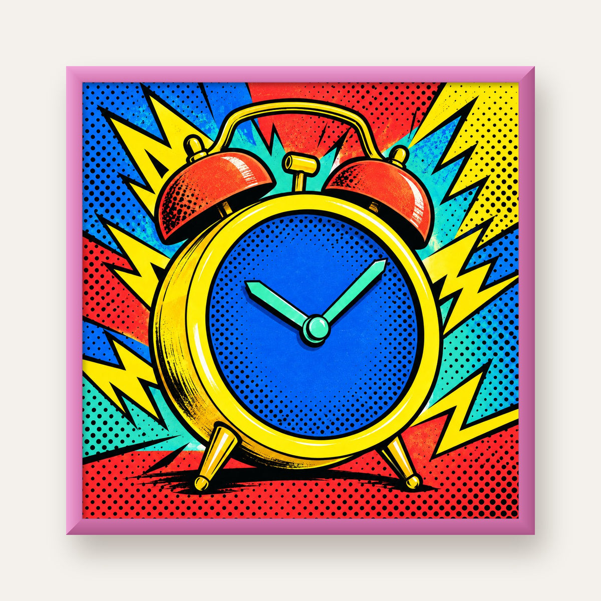 Pop Art Çalar Saat Poster – Renkli Duvar Dekoru — pembe çerçeveli