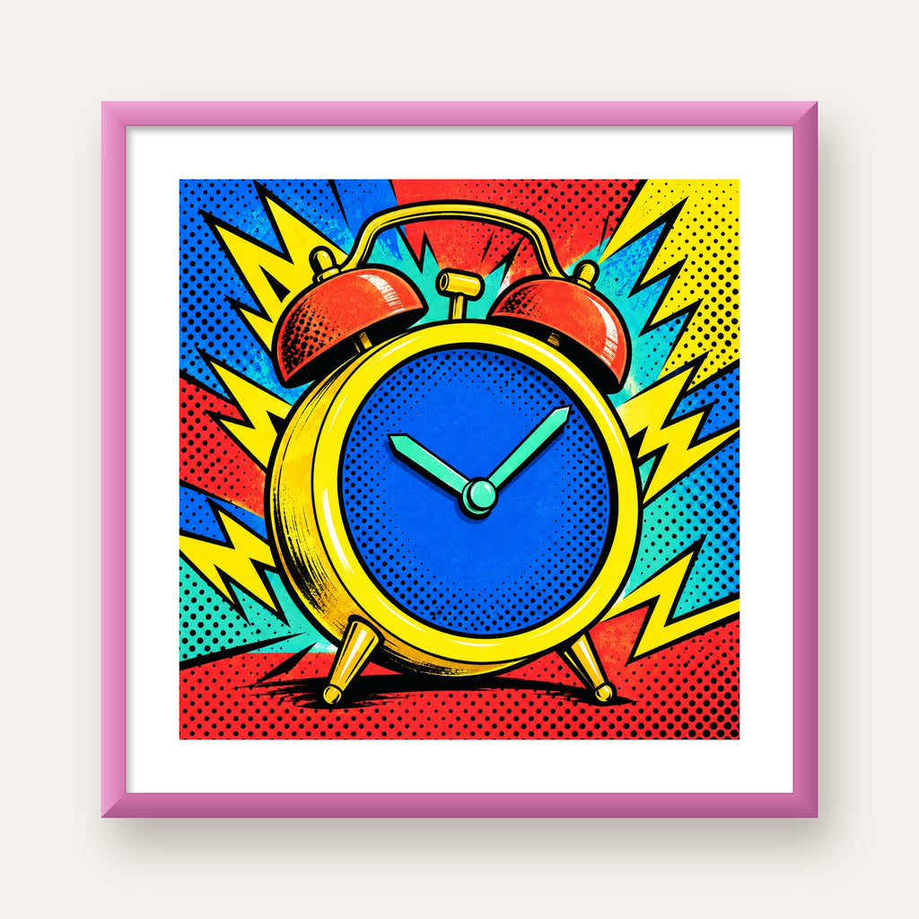 Pop Art Çalar Saat Poster – Renkli Duvar Dekoru — pembe çerçeveli paspartulu