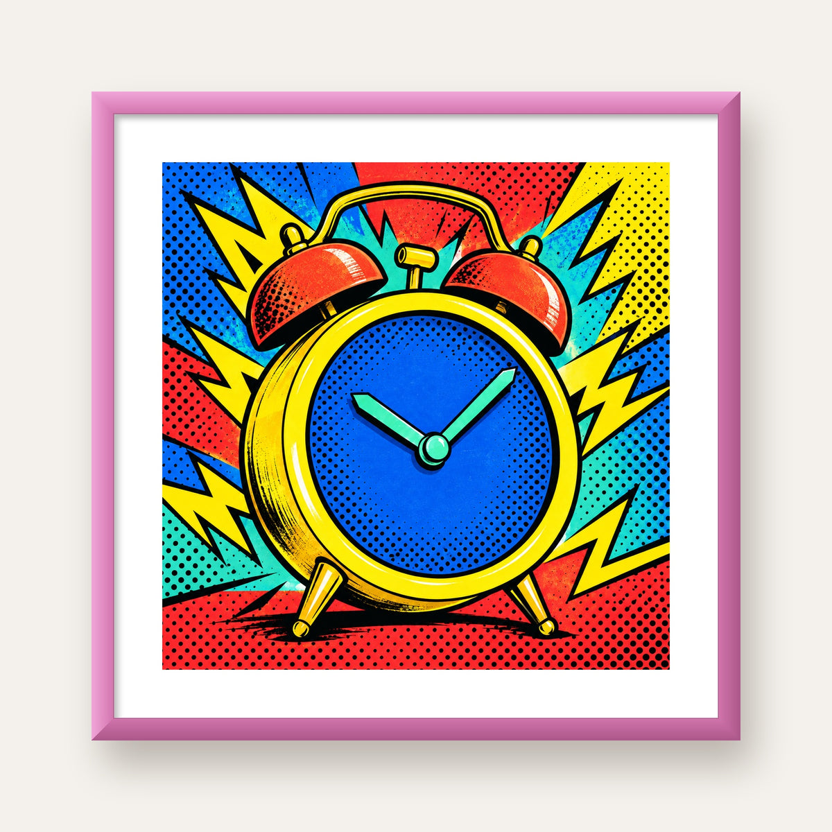 Pop Art Çalar Saat Poster – Renkli Duvar Dekoru — pembe çerçeveli paspartulu