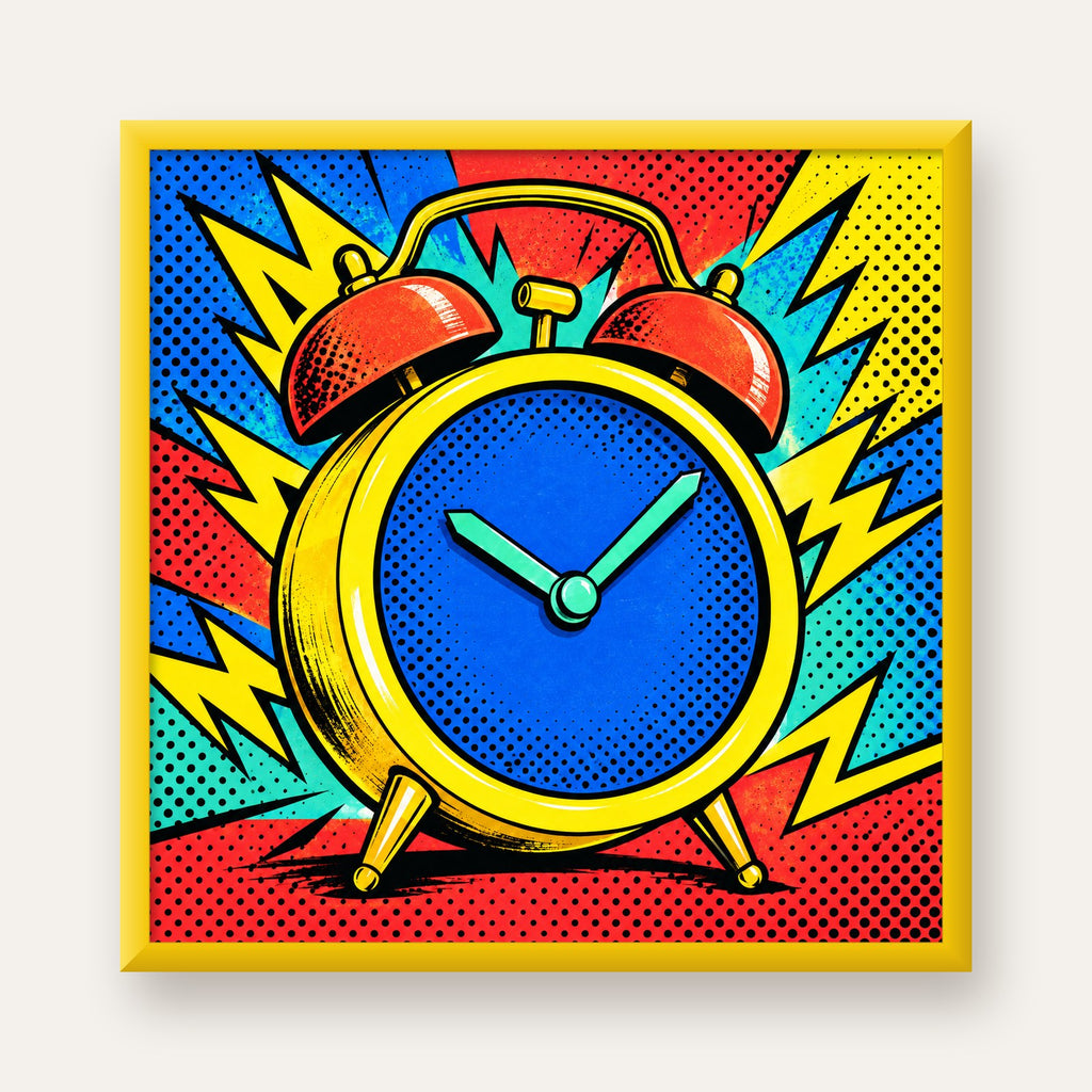 Pop Art Çalar Saat Poster – Renkli Duvar Dekoru — sarı çerçeveli