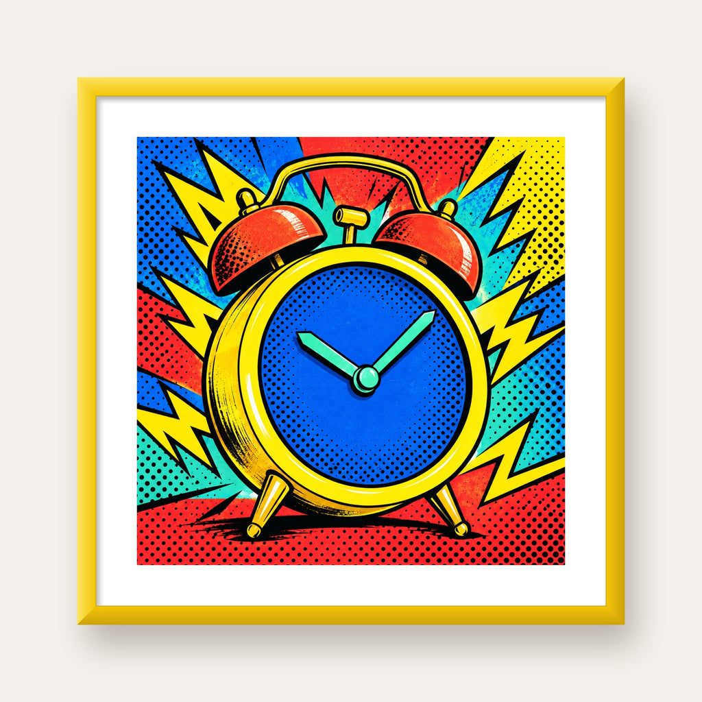 Pop Art Çalar Saat Poster – Renkli Duvar Dekoru — sarı çerçeveli paspartulu