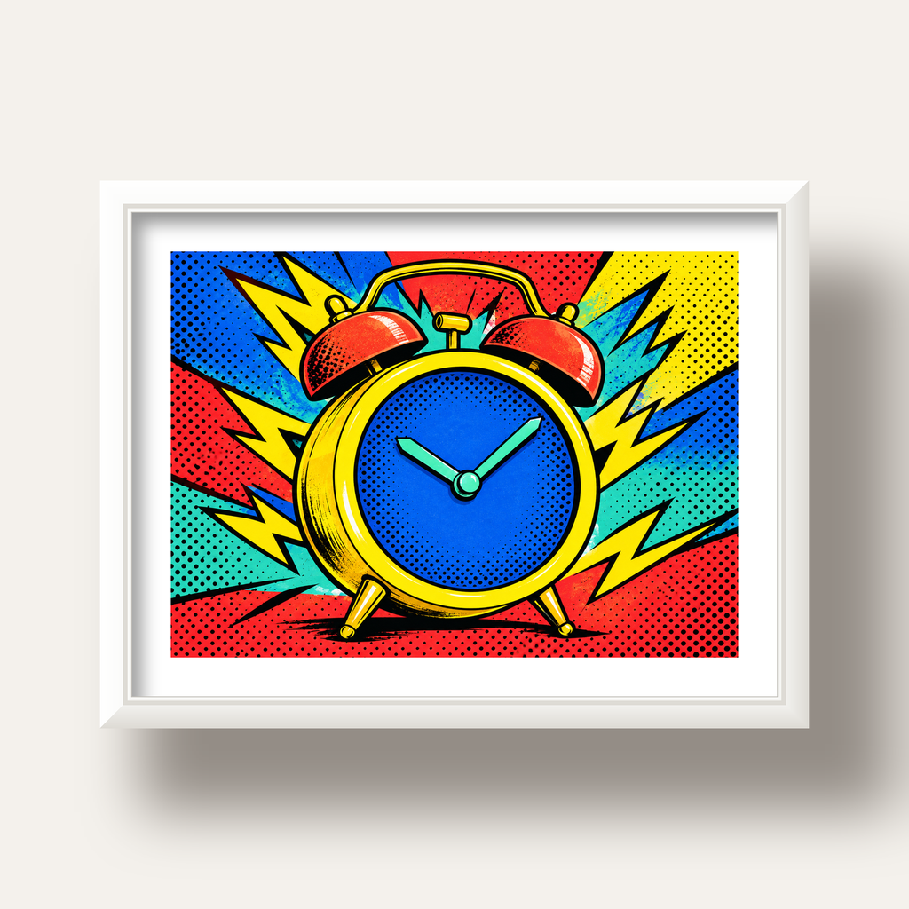 Pop Art Çalar Saat Poster – Renkli Duvar Dekoru — beyaz derin çerçeveli paspartulu