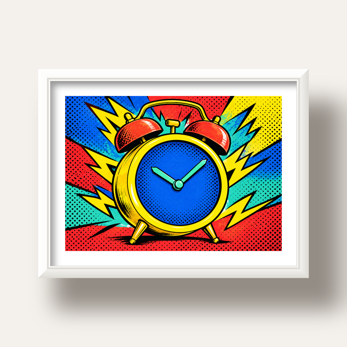 Pop Art Çalar Saat Poster – Renkli Duvar Dekoru — beyaz derin çerçeveli paspartulu