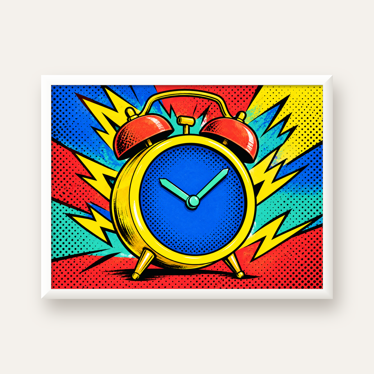 Pop Art Çalar Saat Poster – Renkli Duvar Dekoru — beyaz çerçeveli yatay poster