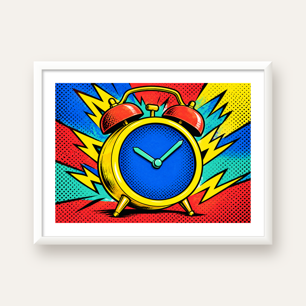 Pop Art Çalar Saat Poster – Renkli Duvar Dekoru — beyaz çerçeveli yatay poster