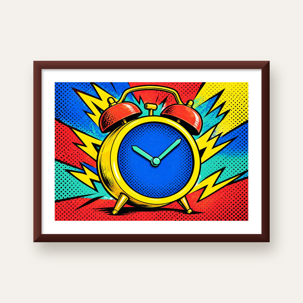 Pop Art Çalar Saat Poster – Renkli Duvar Dekoru — ceviz çerçeveli paspartulu
