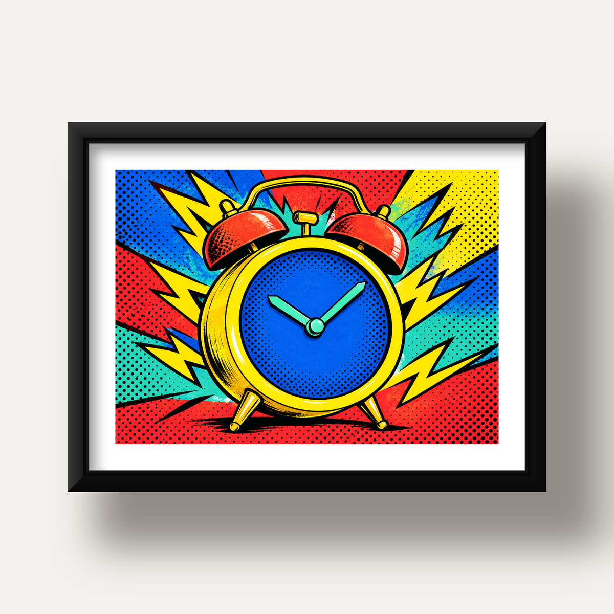 Pop Art Çalar Saat Poster – Renkli Duvar Dekoru — siyah derin çerçeveli paspartulu
