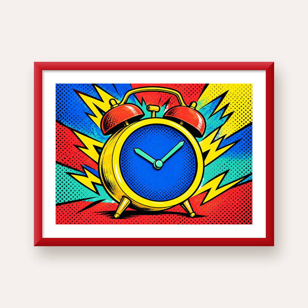 Pop Art Çalar Saat Poster – Renkli Duvar Dekoru — kırmızı çerçeveli paspartulu