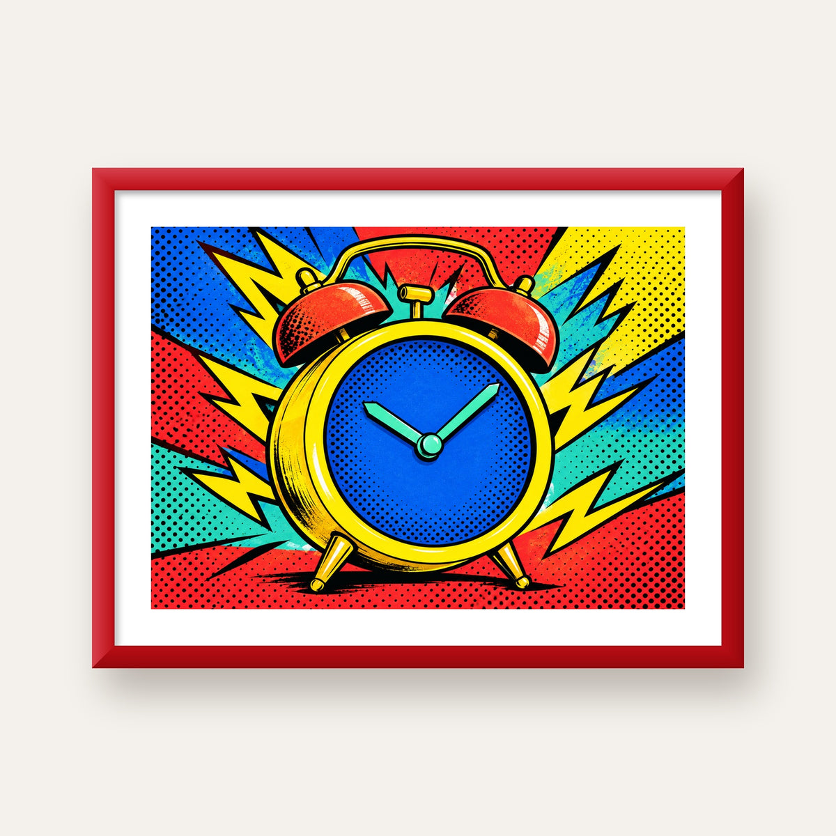 Pop Art Çalar Saat Poster – Renkli Duvar Dekoru — kırmızı çerçeveli paspartulu