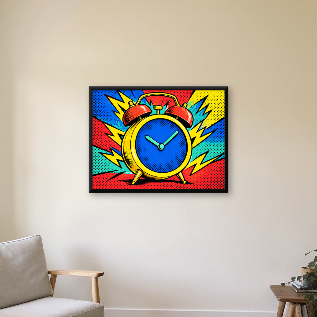 Pop Art Çalar Saat Poster – Renkli Duvar Dekoru — Yatay baskı, çerçeveli hâliyle bir ev duvarında